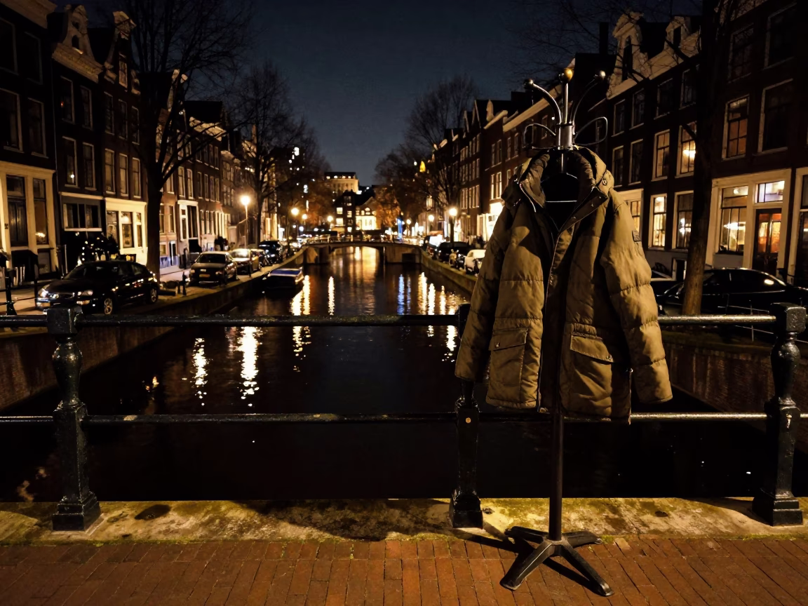 Late Night Amsterdam Canal Scene with Coat Stand and Mossy Stone Wall Reflections in in Amsterdam, Netherlands