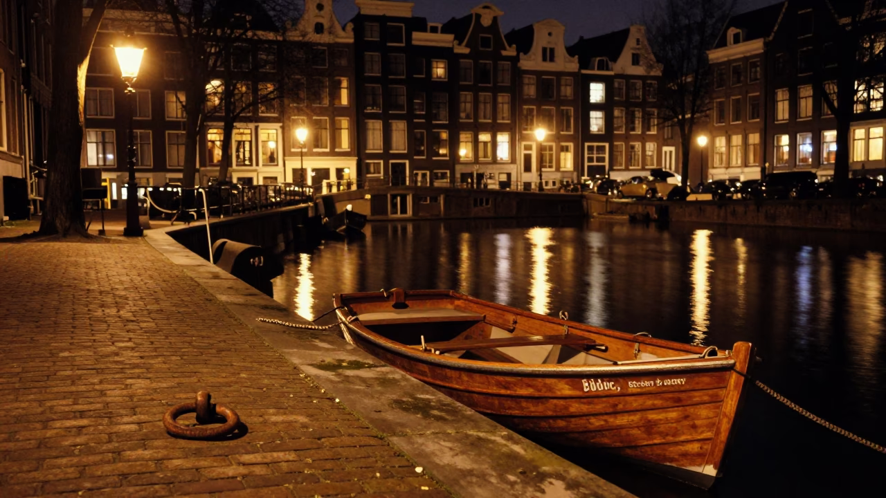 Late Night Amsterdam Canal Scene with Vintage 1950s Aesthetic and Cobblestone Streets in in Amsterdam, Netherlands
