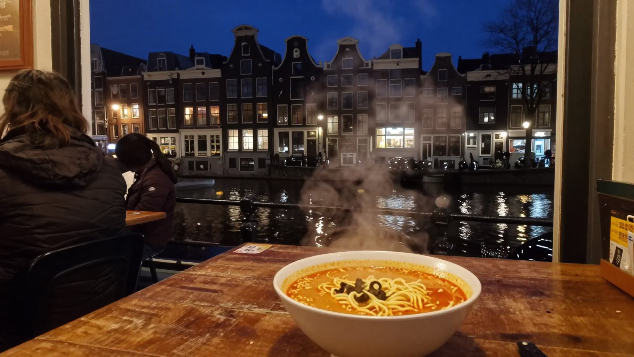 Late Night Amsterdam Canal Side Cafe with Steam Haze and Red Beacon in in Amsterdam, Netherlands
