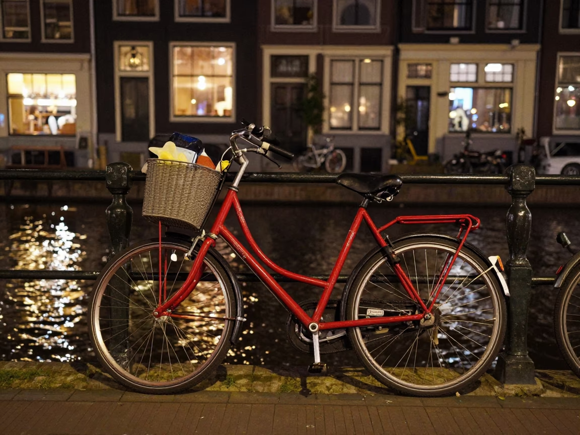 Late Night Amsterdam Canal Street Scene with Bicycle and Cobblestones in in Amsterdam, Netherlands