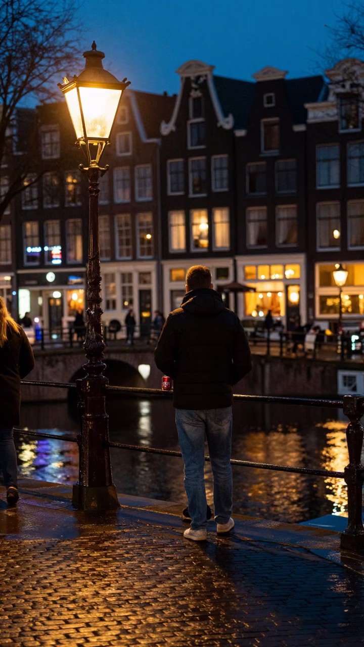 Late Night Amsterdam Canal Street Scene with Coffee Tin and Shoe Shiner in in Amsterdam, Netherlands