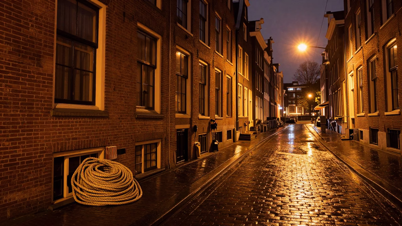 Late Night Amsterdam Canal Street Scene with Coiled Rope and Crowbar Near Brick Building in in Amsterdam, Netherlands