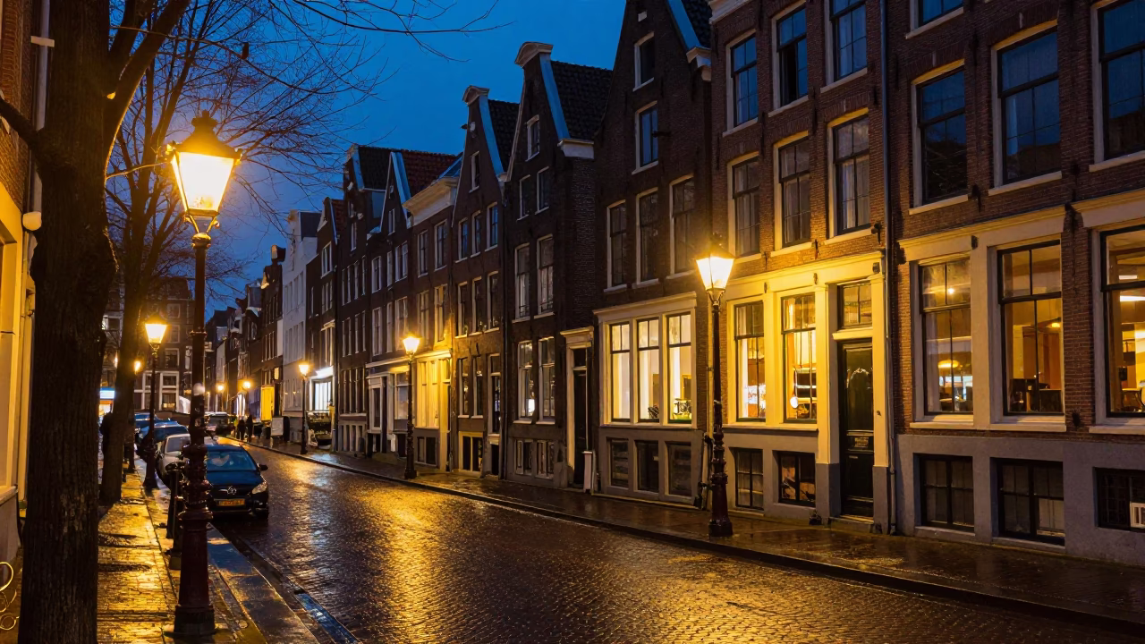 Late Night Amsterdam Canal Street Scene with Historic Architecture and Street Lighting in in Amsterdam, Netherlands