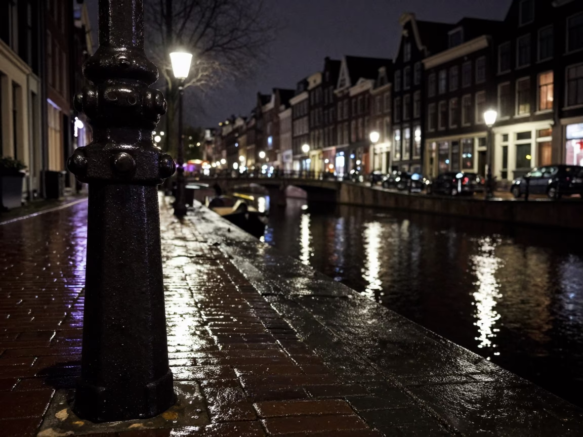 Late Night Amsterdam Canal Street Scene with Iron Deadbolt and Leaf Shadows in in Amsterdam, Netherlands