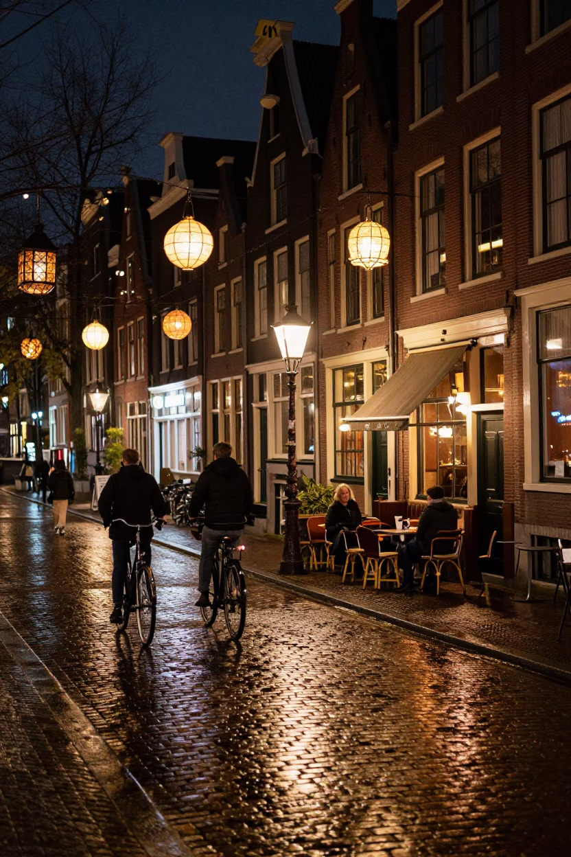 Late Night Amsterdam Canal Street Scene with Lanterns and Traditional Bread Bowl Soup in in Amsterdam, Netherlands
