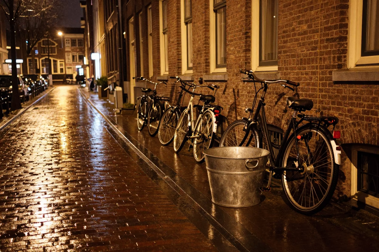 Late Night Amsterdam Canal Street Scene with Metal Bucket and Paperbacks in in Amsterdam, Netherlands