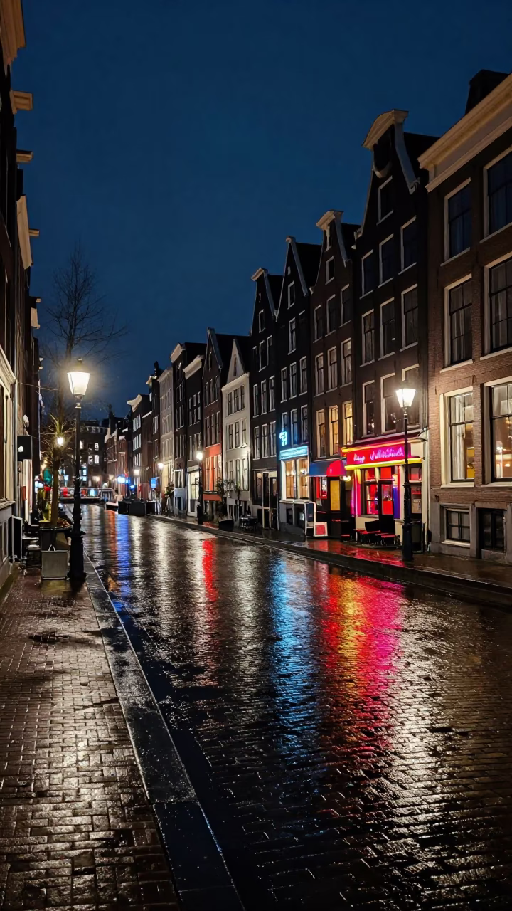 Late Night Amsterdam Canal Street Scene with Neon Reflections and Traditional Architecture in in Amsterdam, Netherlands