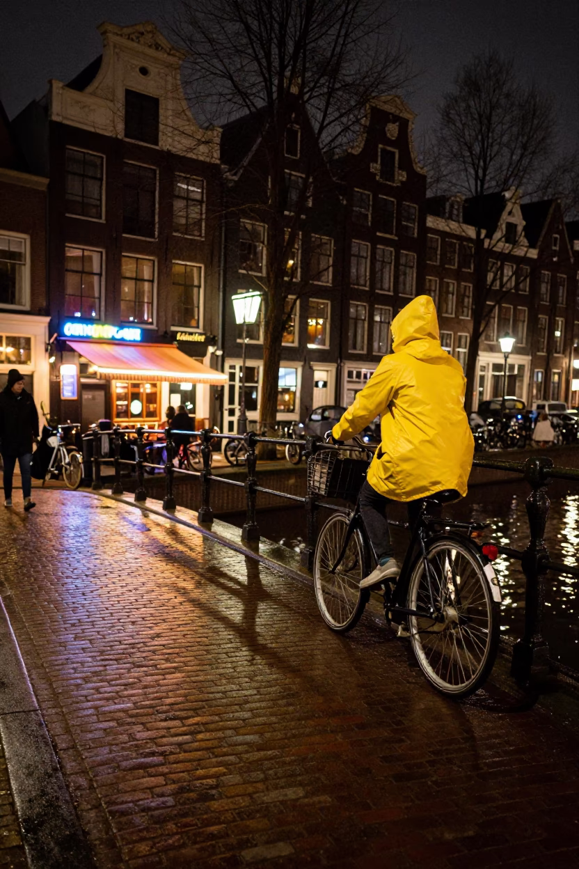 Late Night Amsterdam Canal Street Scene with Vintage Bicycle and Neon Reflections in in Amsterdam, Netherlands