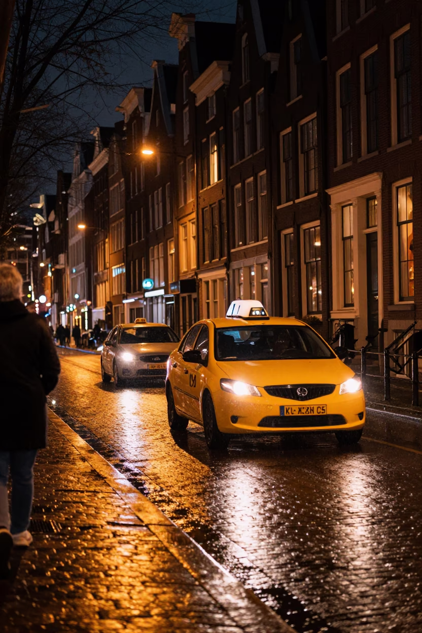 Late Night Amsterdam Canal Street Scene with Yellow Taxi and Reflections in in Amsterdam, Netherlands