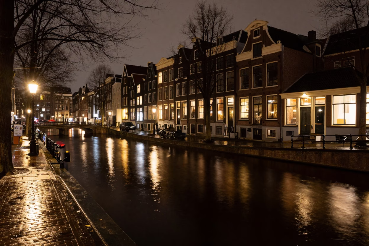Late Night Amsterdam Canal View with Wet Cobblestones and Traditional Dutch Architecture in in Amsterdam, Netherlands