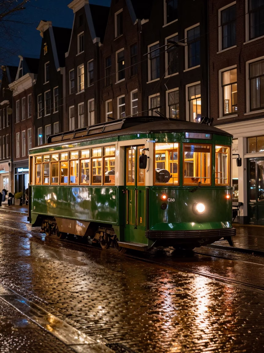 Late Night Amsterdam Heritage Tram on Cobblestone Avenue Under Gaslight in in Amsterdam, Netherlands