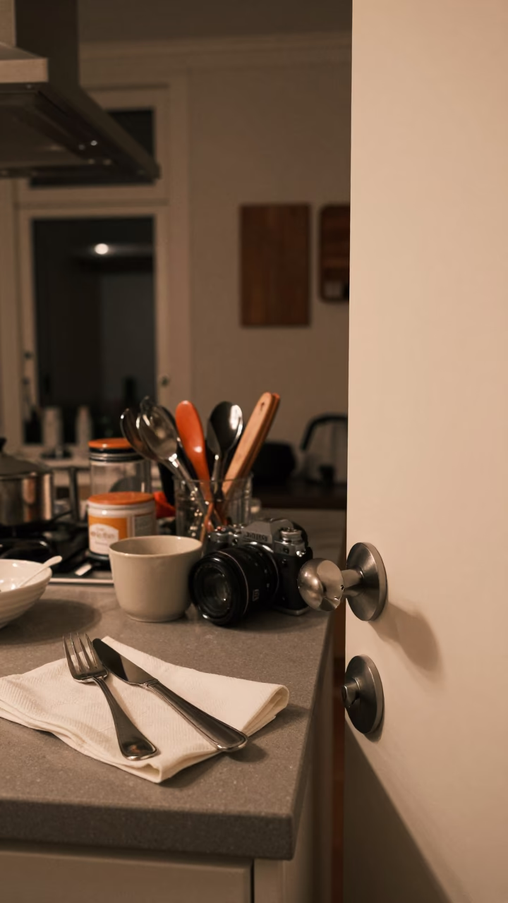 Late Night Amsterdam Kitchen Interior with Cutlery and Doorknob Detail in in Amsterdam, Netherlands
