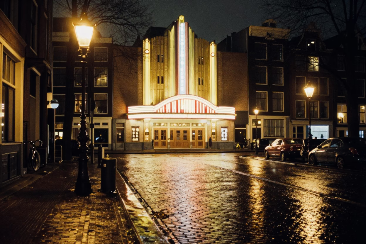 Late Night Amsterdam Street Scene with Art Deco Cinema Facade and Neon Reflections in in Amsterdam, Netherlands
