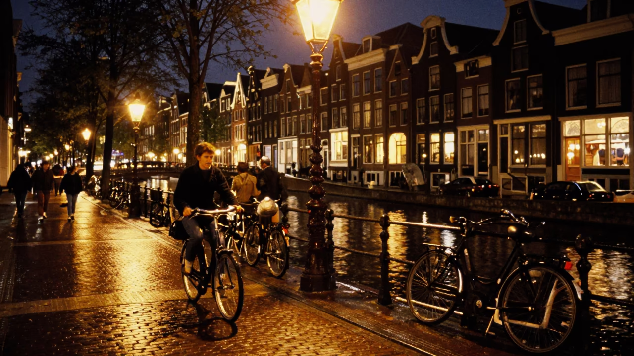 Late Night Amsterdam Street Scene with Bicycle and Canal Reflections in in Amsterdam, Netherlands