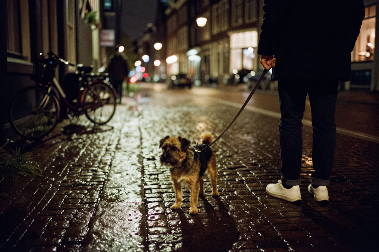 Late Night Amsterdam Street Scene with Border Terrier and Urban Details in in Amsterdam, Netherlands