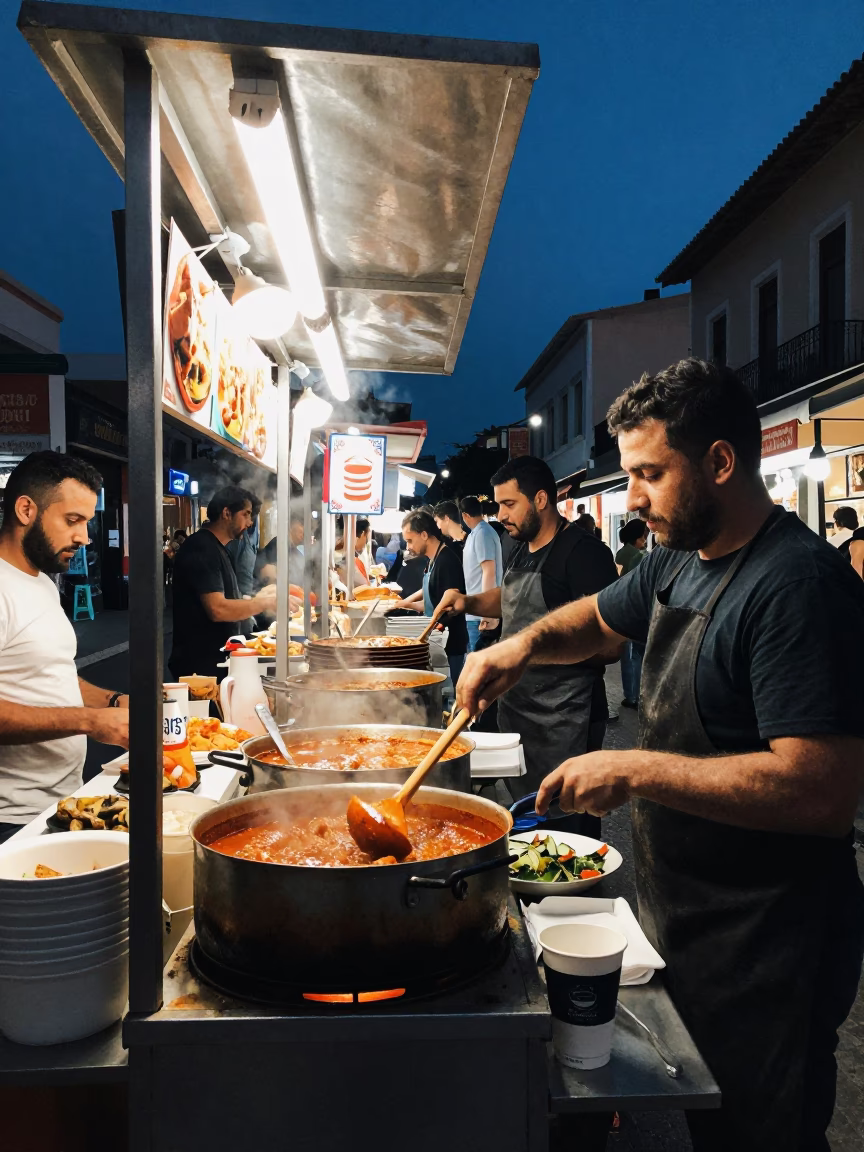 Late Night Athens Street Food Stall with Coffee Cupper and Wooden Spoon in in Athens, Greece