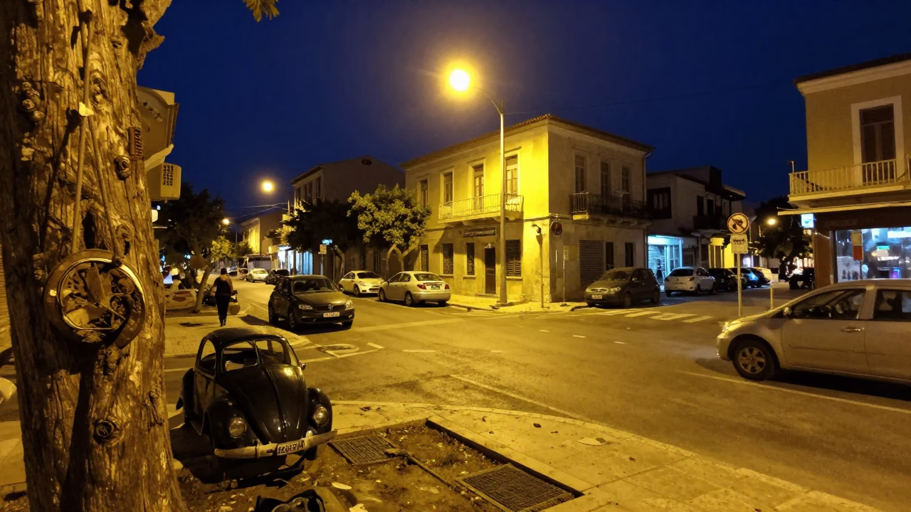Late Night Athens Street Scene with Beetle on Bark and Urban Detail in in Athens, Greece