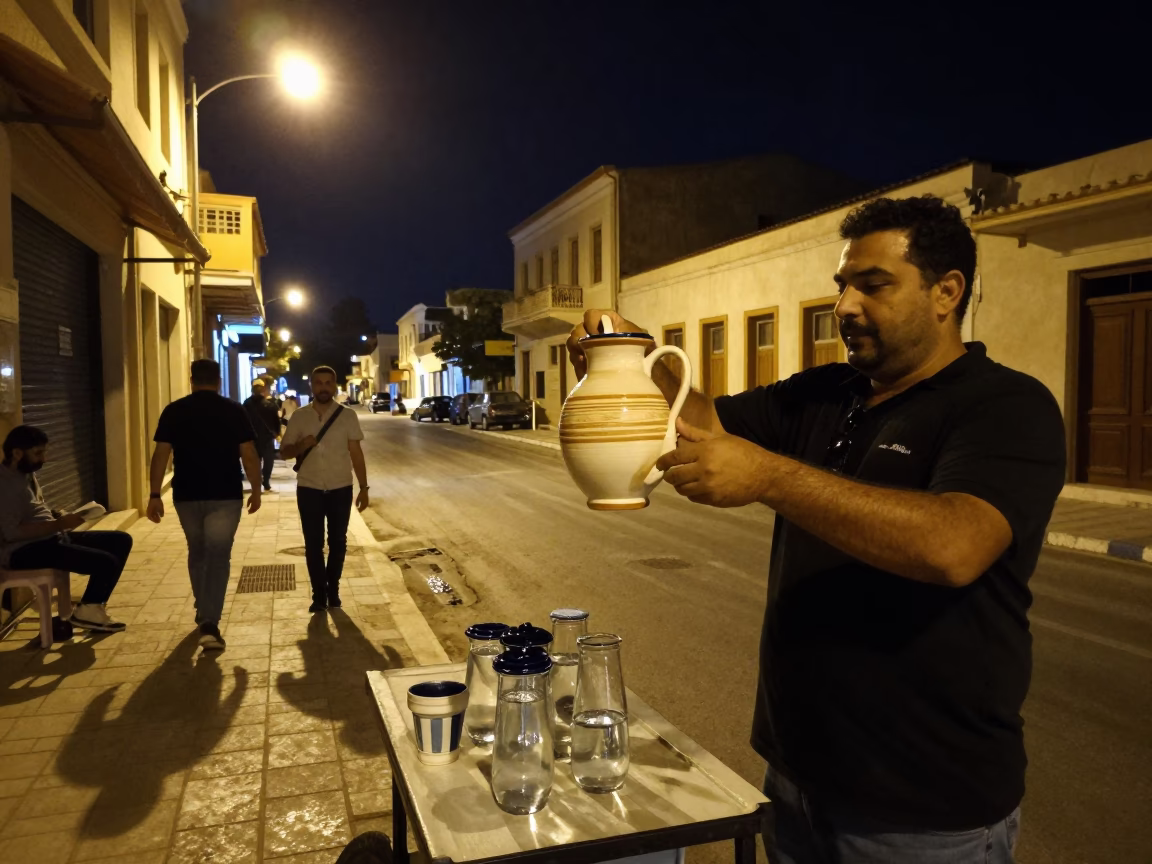 Late Night Athens Street Scene with Ceramic Pitcher and Twine Fibers in in Athens, Greece