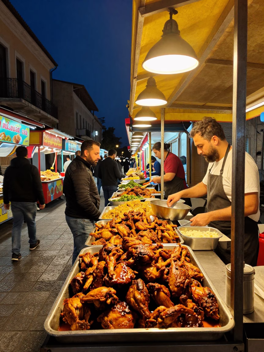 Late Night Athens Street Scene with Colorful Food Stalls and Pedestrians in in Athens, Greece