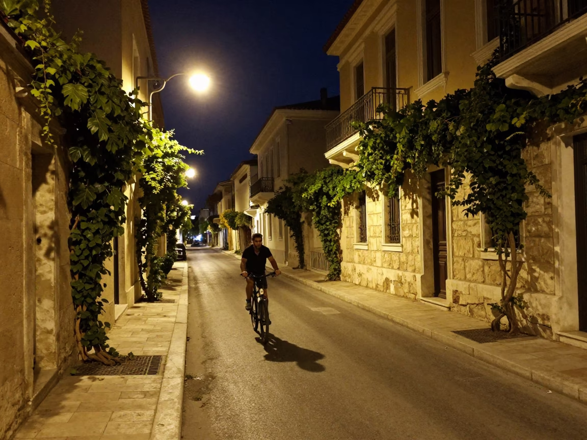 Late Night Athens Street Scene with Cyclist and Ivy Vines in in Athens, Greece