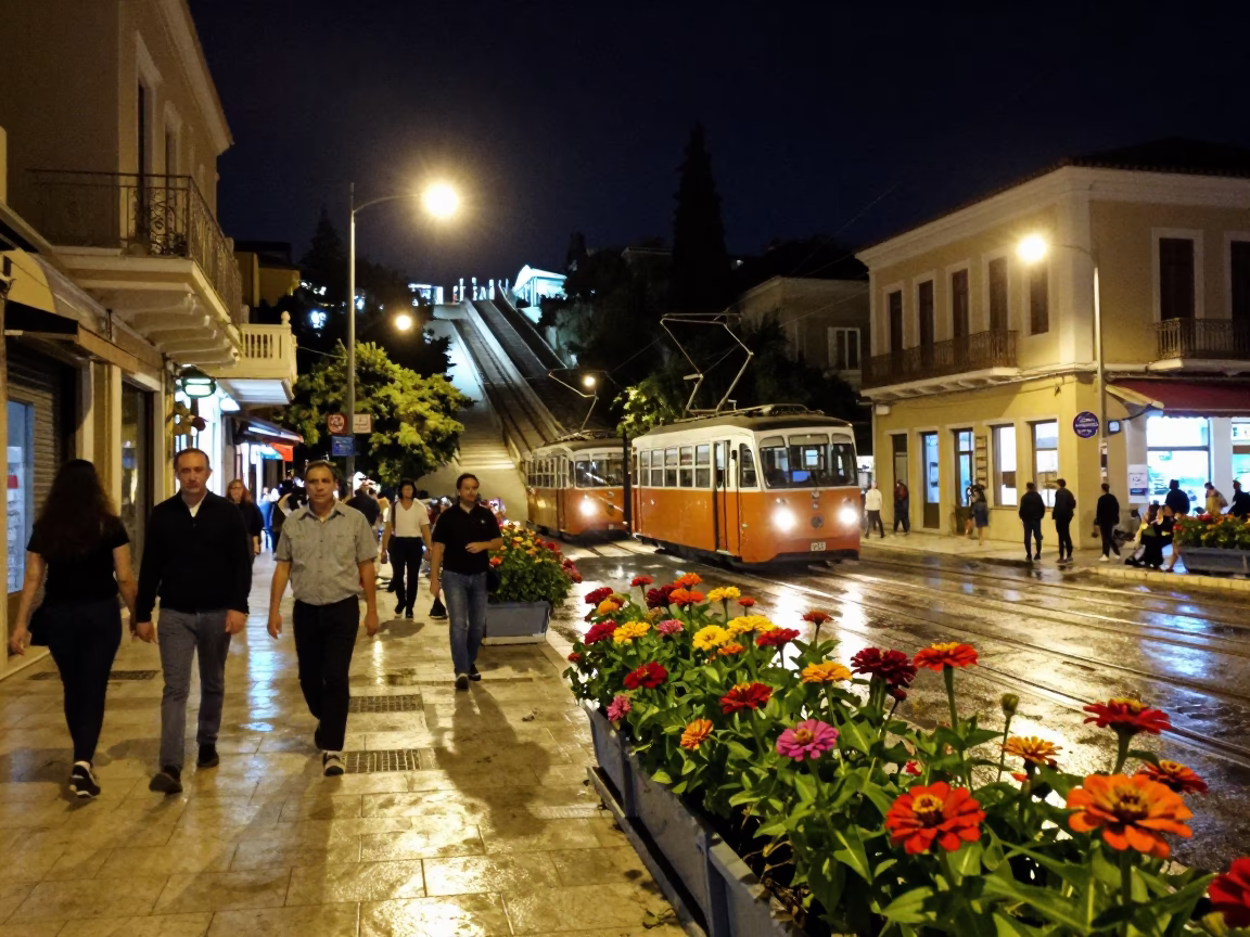 Late Night Athens Street Scene with Funicular Climbing Steep Hill and Colorful Flower Boxes in in Athens, Greece
