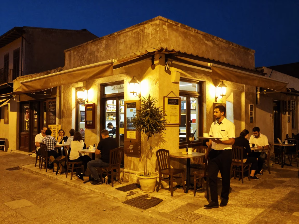 Late Night Athens Street Scene with Local Cafe and Glass Vases in in Athens, Greece