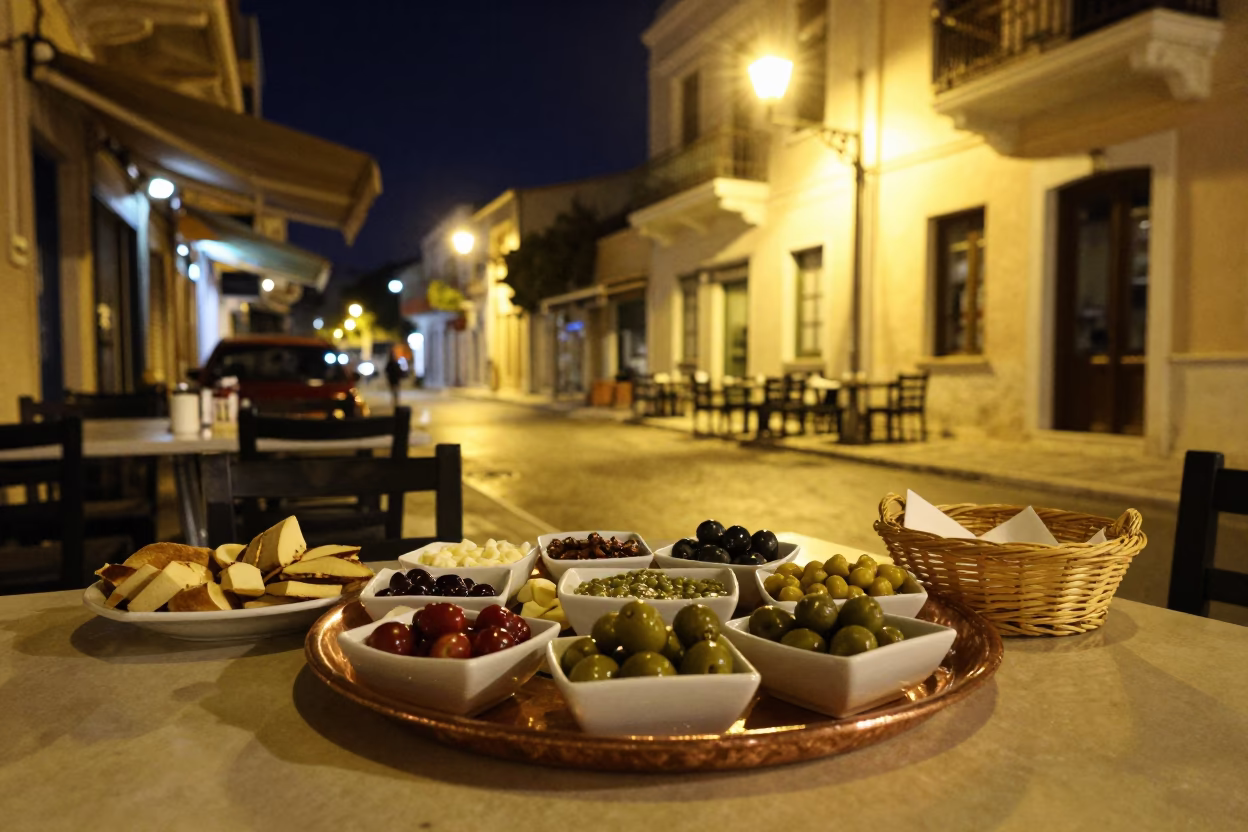 Late Night Athens Street Scene with Mezze Spread on Copper Tray in in Athens, Greece