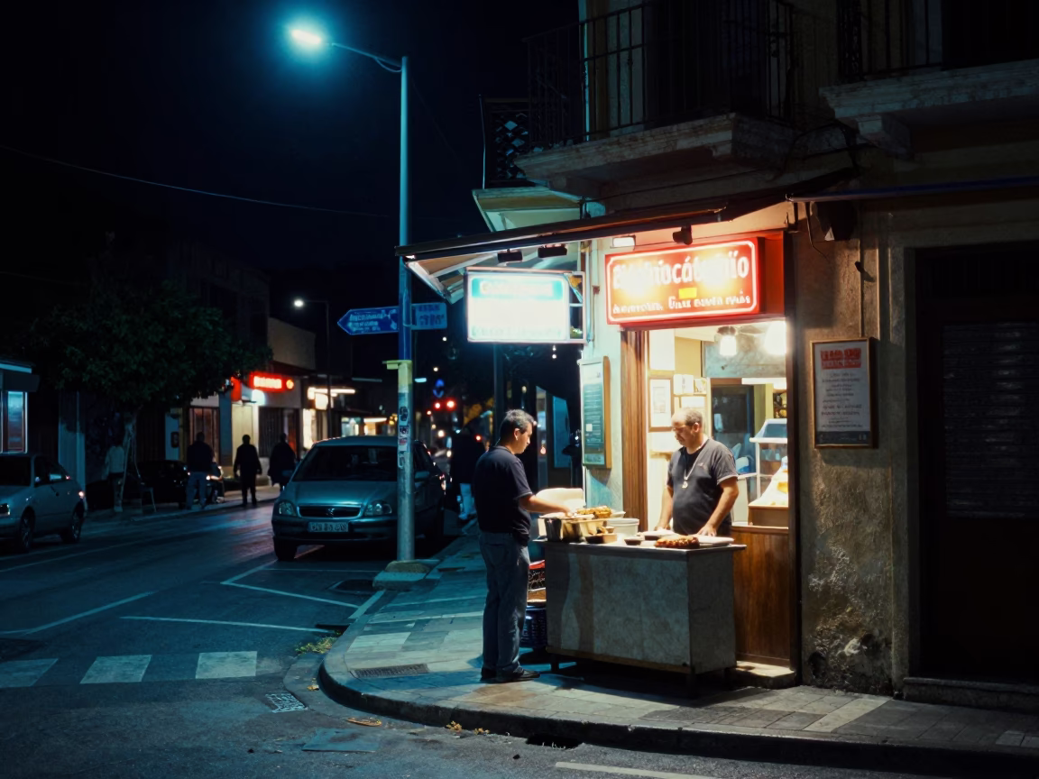 Late Night Athens Street Scene with Neon Lights and Local Life in in Athens, Greece