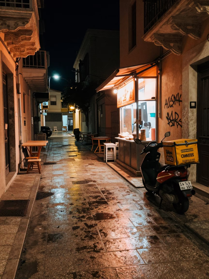 Late Night Athens Street Scene with Neon Reflections and Urban Details in in Athens, Greece