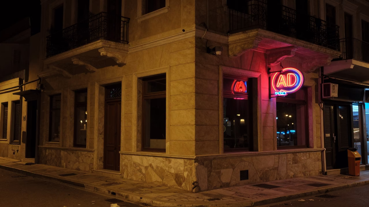 Late Night Athens Street Scene with Neon Signage and Concrete Brutalist Architecture in in Athens, Greece