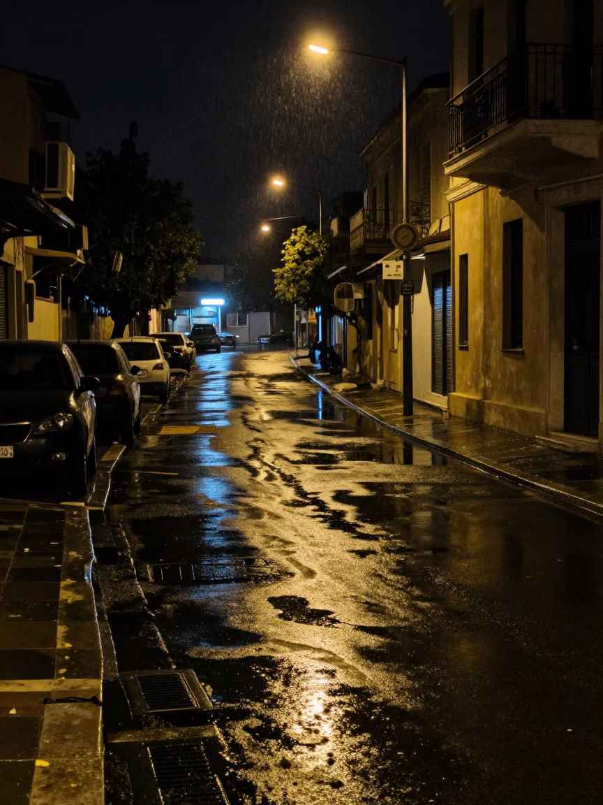 Late Night Athens Street Scene with Rain Puddles and Urban Reflections in in Athens, Greece