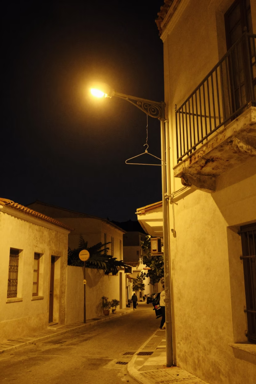 Late Night Athens Street Scene with Shirt Hanger and Urban Details in in Athens, Greece