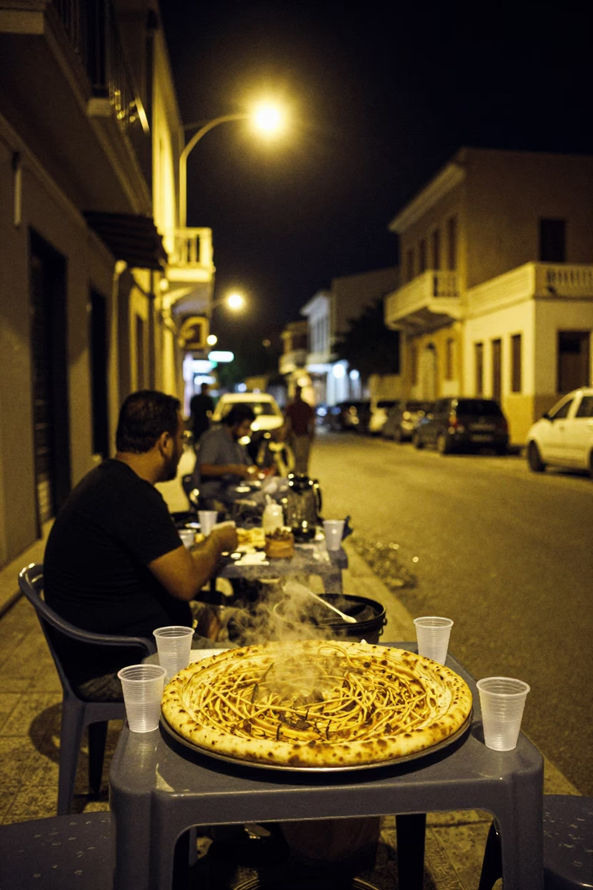 Late Night Athens Street Scene with Traditional Manakeesh and Local Diners in in Athens, Greece