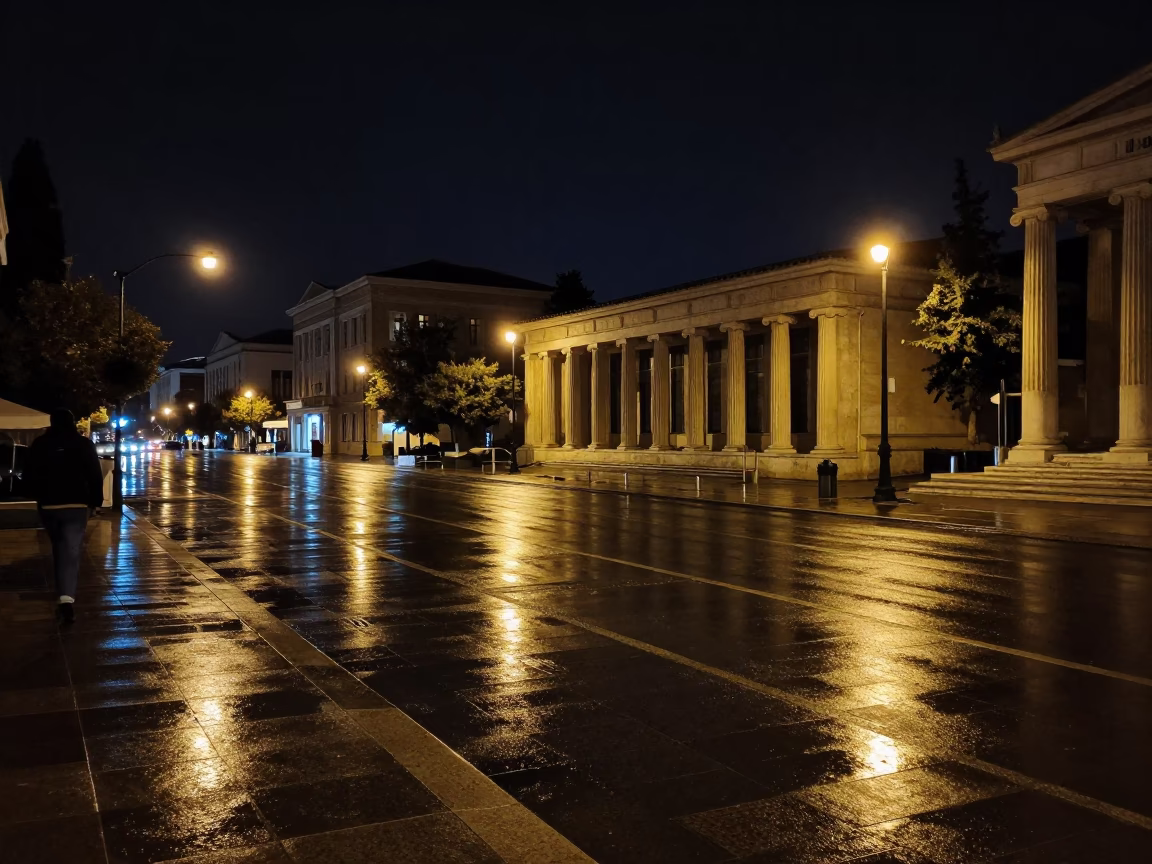 Late Night Athens Street Scene with University Arcade Wet Leaves and Deadbolt Lock in in Athens, Greece