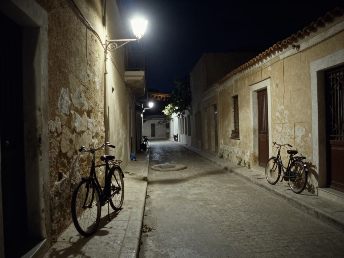Late Night Athens Street Scene with Vintage Bicycle and Steaming District Heating Pipe in in Athens, Greece