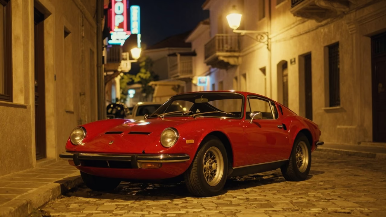 Late Night Athens Street Scene with Vintage Red Sports Car and Urban Neon Reflections in in Athens, Greece
