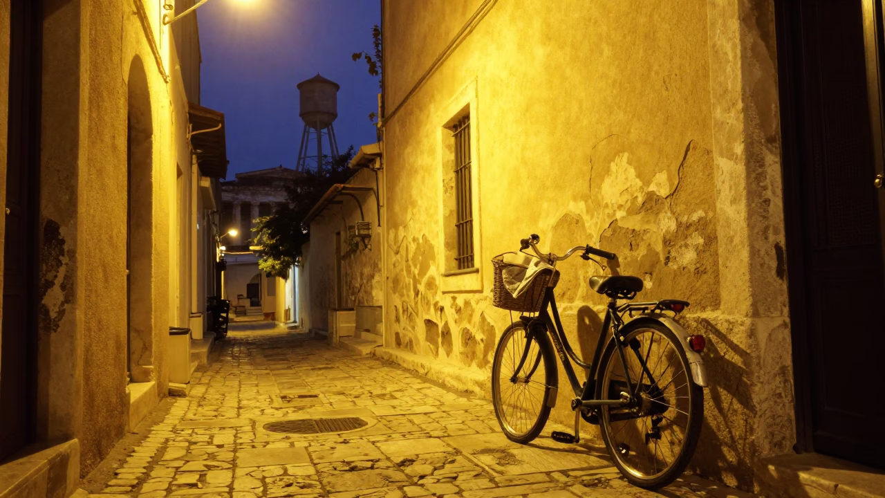 Late Night Athens Street Scene with Water Tower and Bicycle Basket in in Athens, Greece