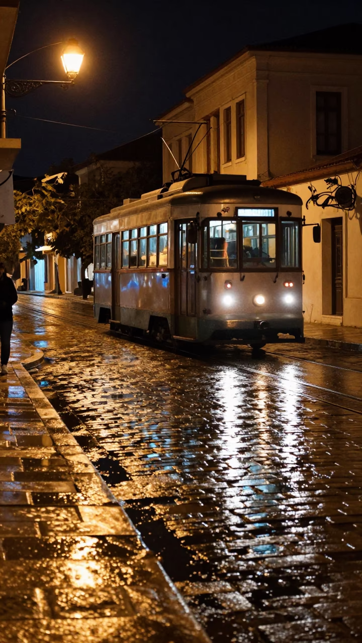 Late Night Athens Tram Reflection on Wet Cobblestones in in Athens, Greece