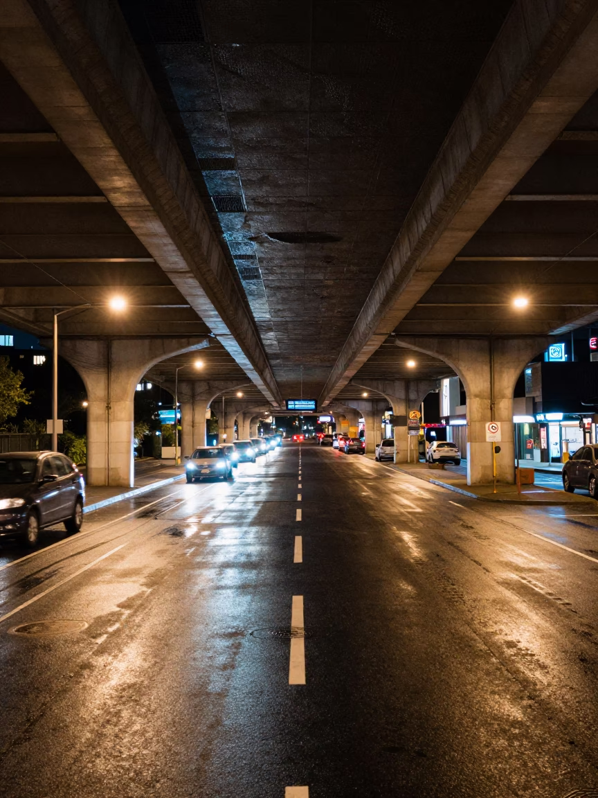 Late Night Auckland Flyover Underpass with Grease Sheen on Wet Pavement in in Auckland, New Zealand