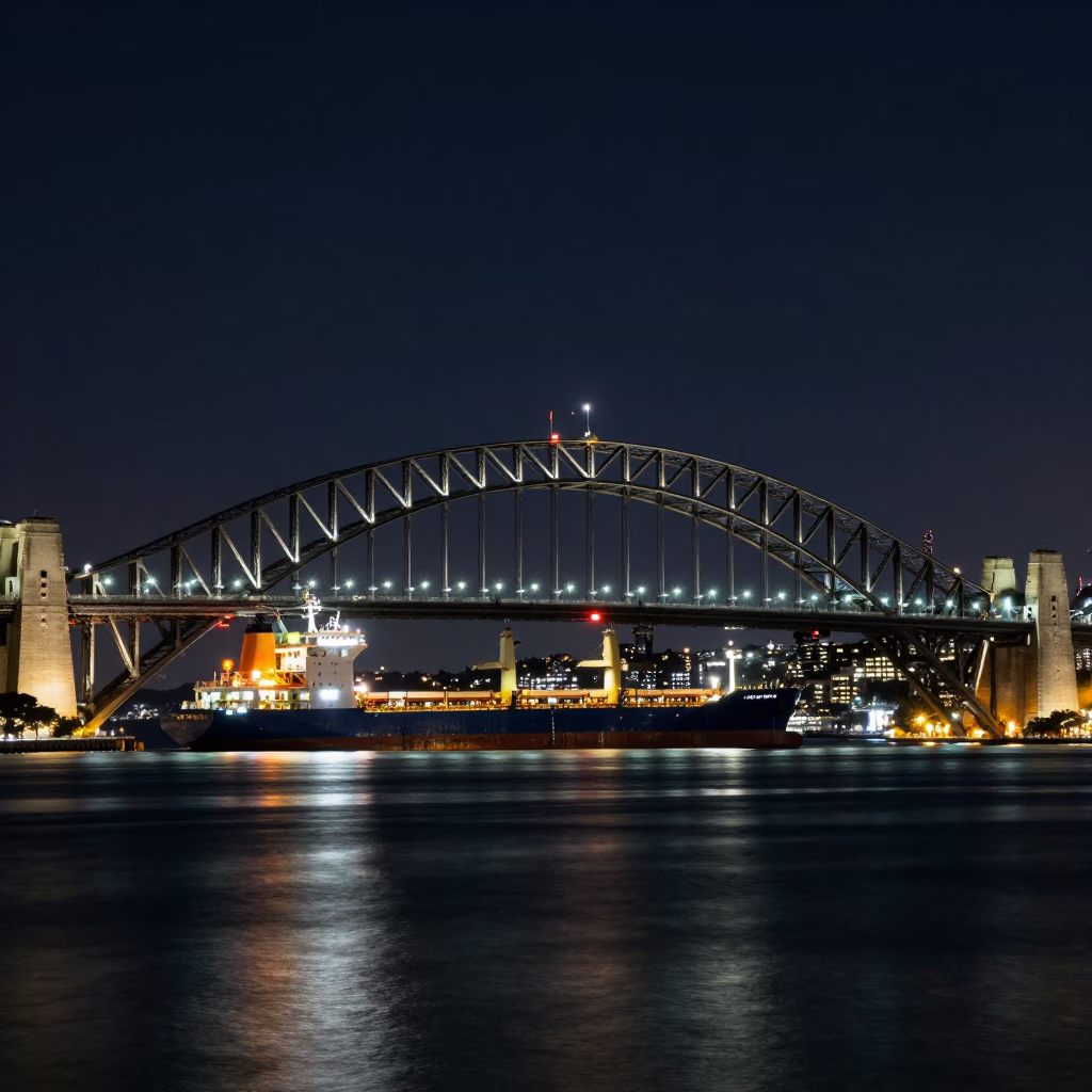 Late Night Auckland Harbor Bridge Iron Hook Cargo Ship Horizon Shot in in Auckland, New Zealand