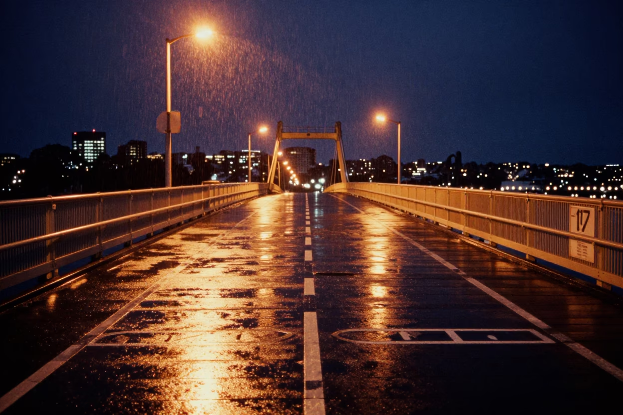Late Night Auckland Harbor Drizzle on Drawbridge Deck Markings and Ferry Ramp Pilings in in Auckland, New Zealand