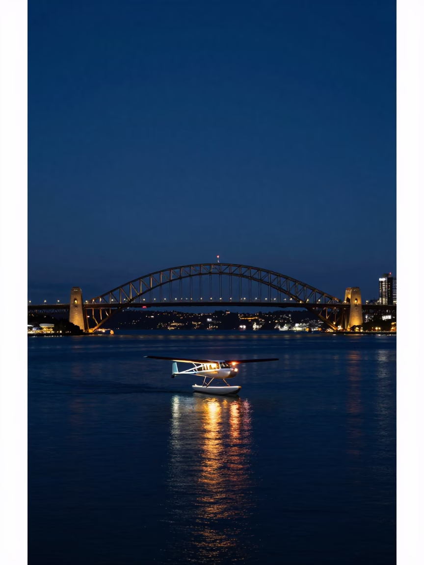 Late Night Auckland Harbour Bridge Glow and Floatplane Reflections on Dark Water in in Auckland, New Zealand