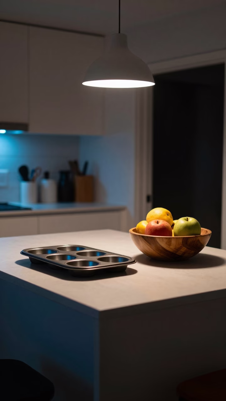 Late Night Auckland Kitchen Counter with Muffin Tins and Fruit Bowl in in Auckland, New Zealand