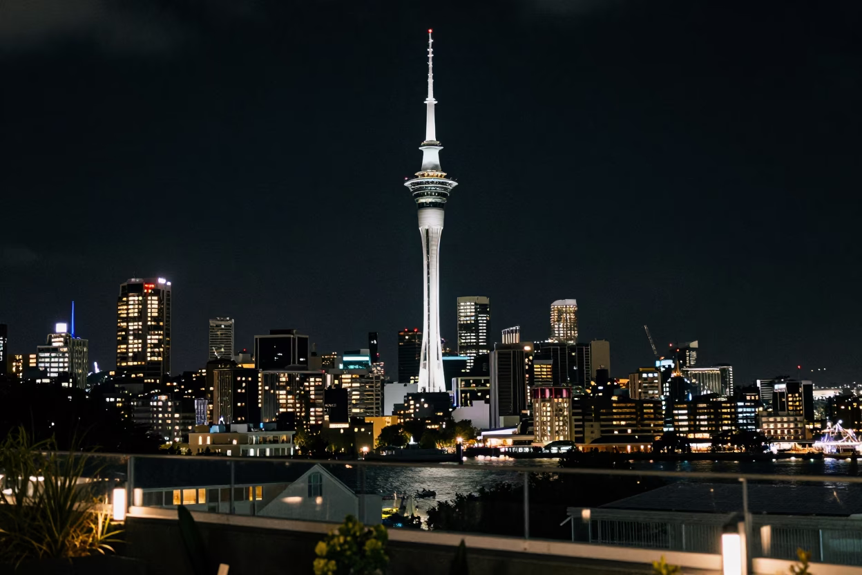 Late Night Auckland Sky Tower and Harbor Lights from Viaduct Harbour Rooftop Terrace in in Auckland, New Zealand