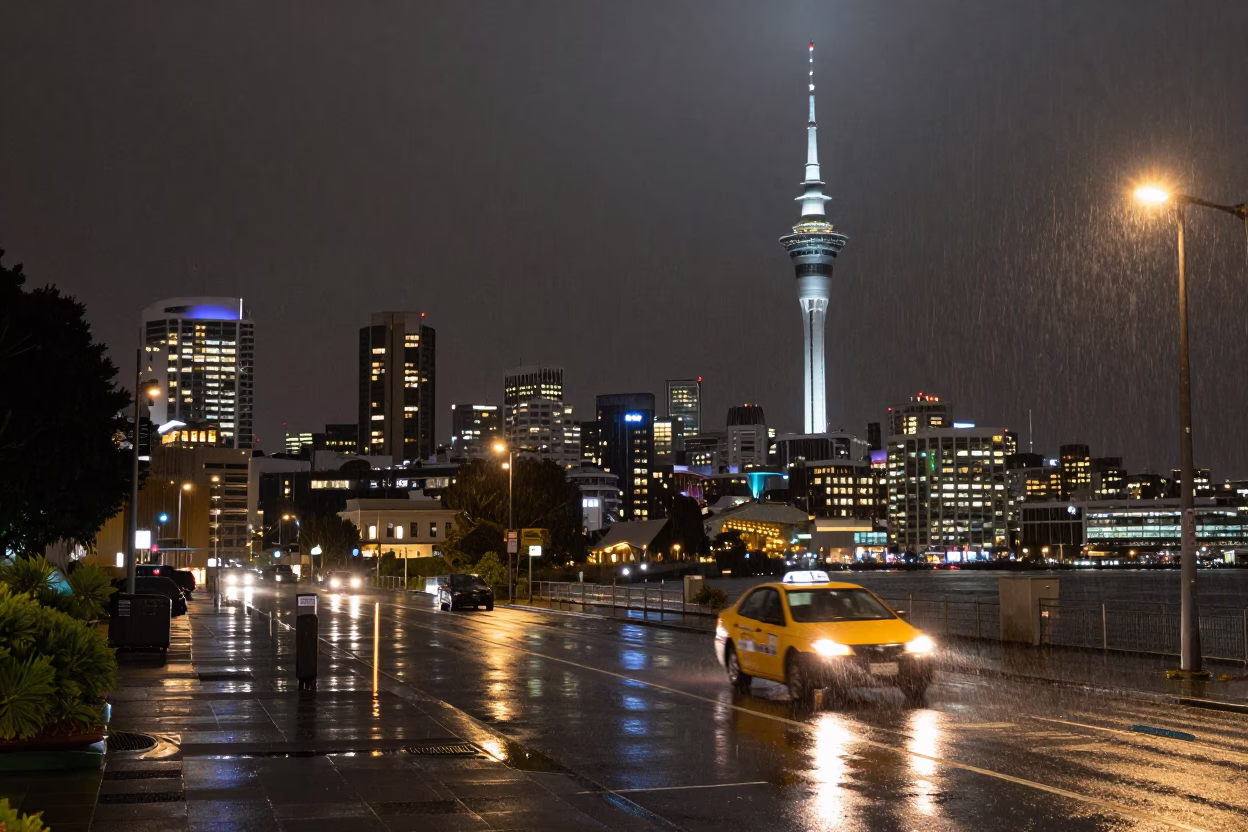 Late Night Auckland Sky Tower and Harbor Lights Rain Reflections 1990s Film Photography in in Auckland, New Zealand