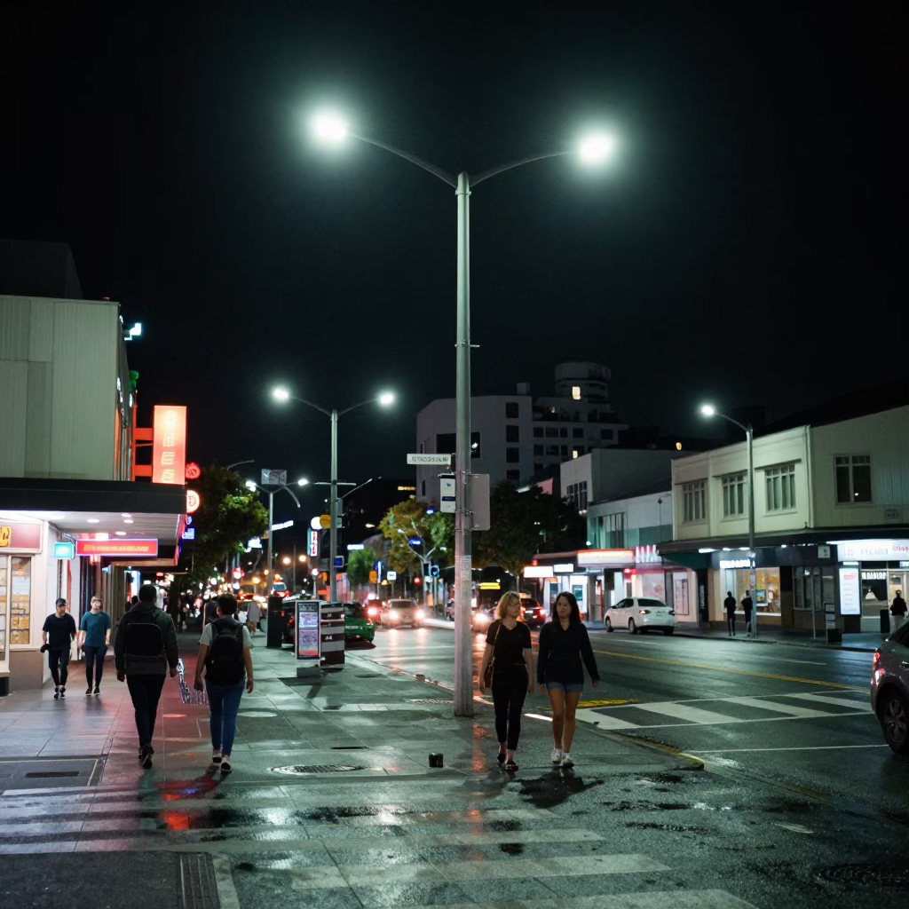 Late Night Auckland Street Corner with Neon Lights and Urban Clutter in in Auckland, New Zealand
