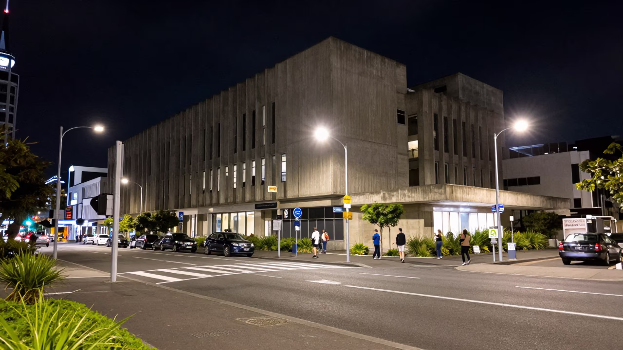 Late Night Auckland Street Scene with Brutalist Concrete Architecture and Casual Dining in in Auckland, New Zealand