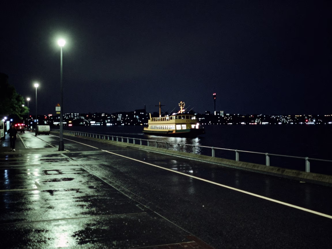 Late Night Auckland Street Scene with Chain Ferry and Urban Lights in in Auckland, New Zealand