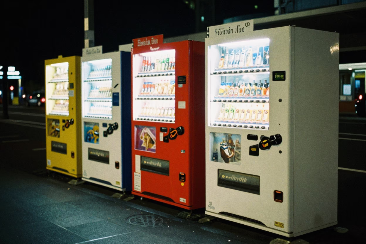 Late Night Auckland Street Scene with Colorful Vending Machines and Urban Details in in Auckland, New Zealand