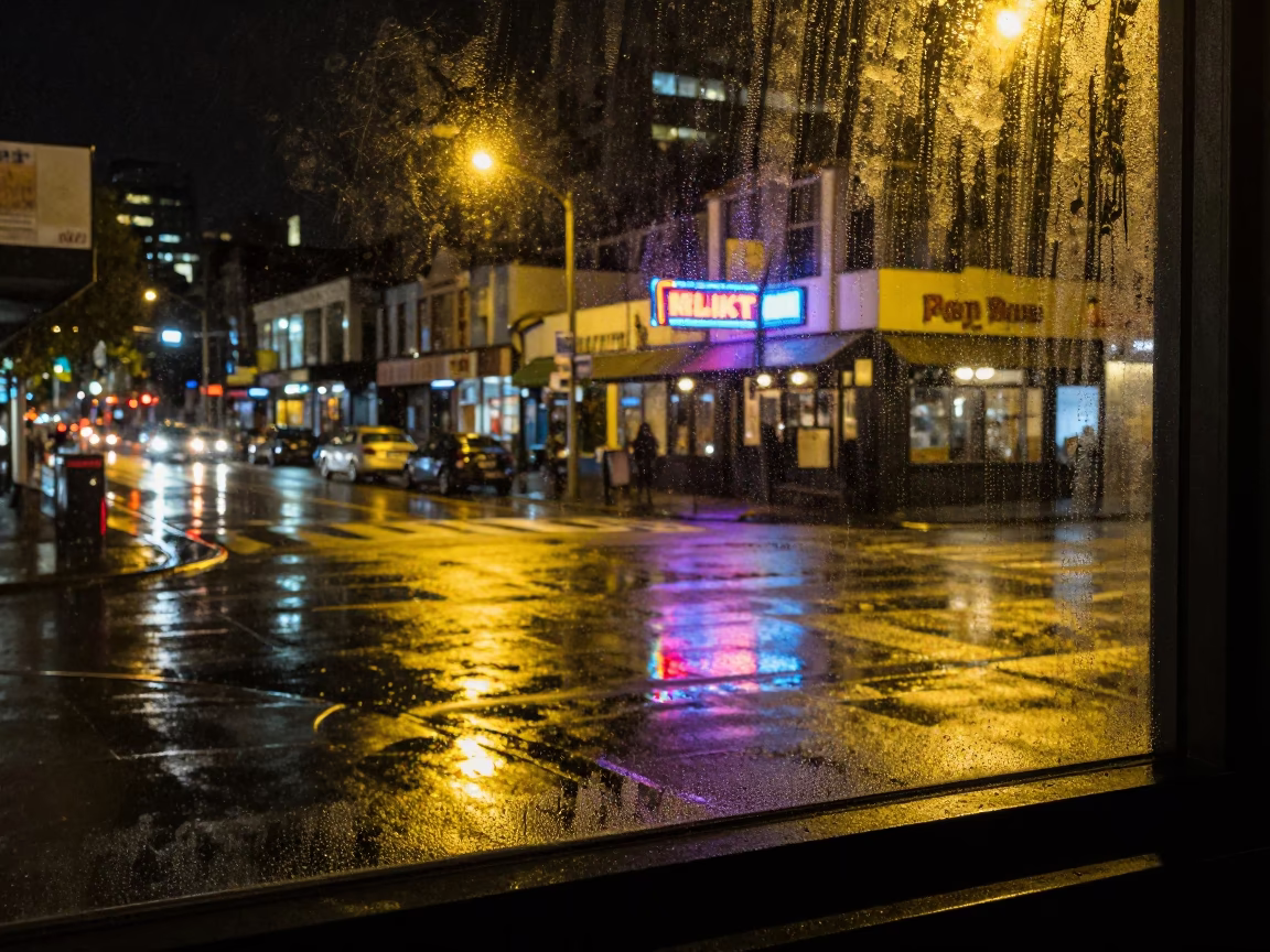 Late Night Auckland Street Scene with Condensation on Window Sill and Doormat in in Auckland, New Zealand